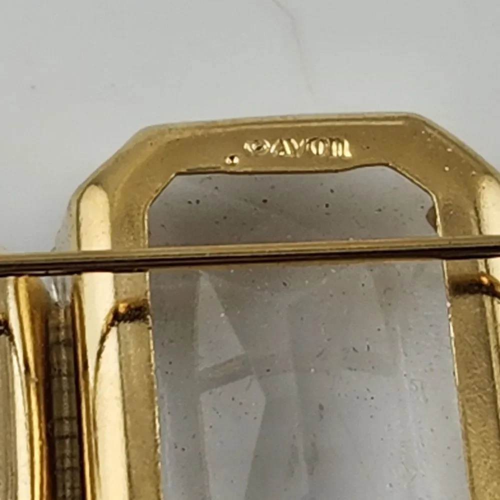 Vintage Gold Tone Avon Clear & Blue Faceted Acrylic Bar Brooch Pin‎